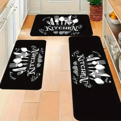 1 pieza/2 piezas/3 piezas Alfombra de cocina en blanco y negro - Material de terciopelo cristalino, antifouling y antideslizante, lavable a máquina, apta para fregadero, dormitorio, sala de estar y comedor