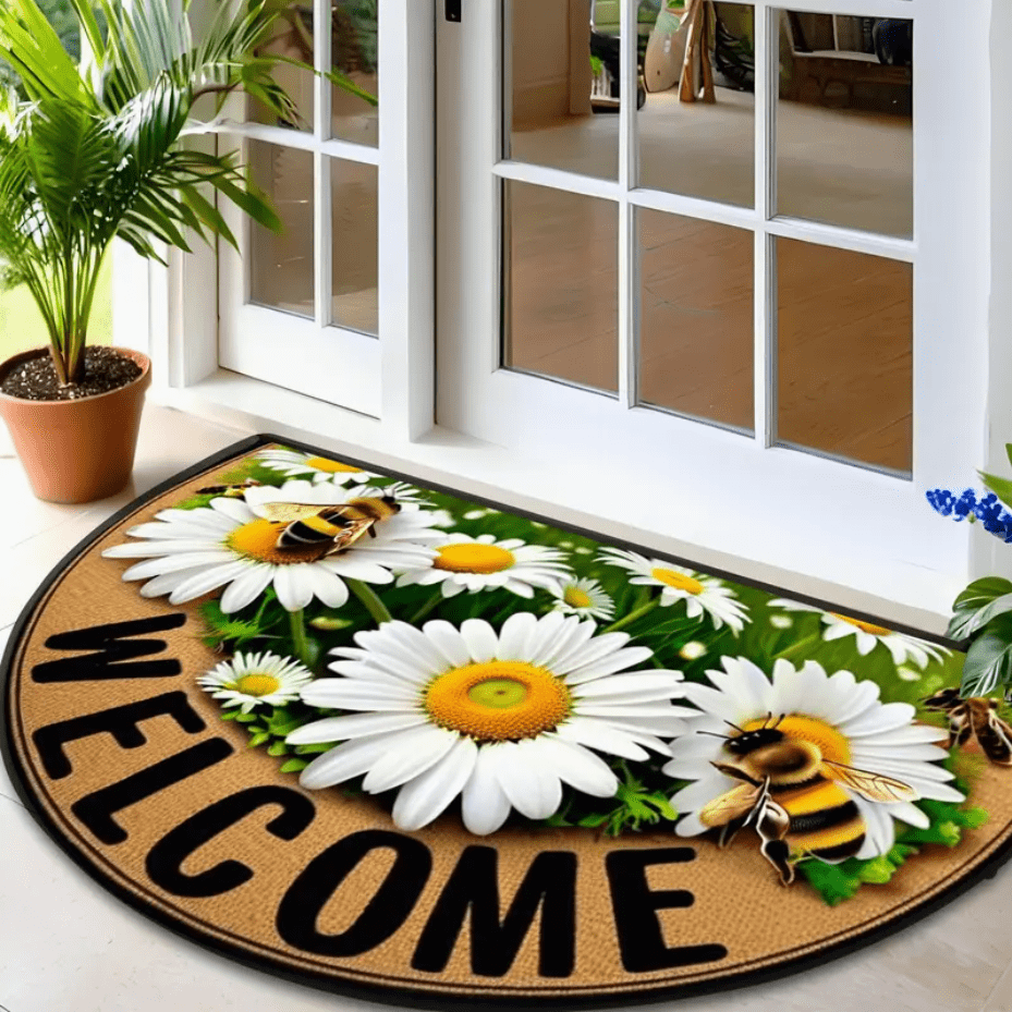 1pc Bee & Floral Welcome Mat - Non-Slip Semi-Circle Entrance Carpet, Suitable For Farmhouse, Porch, Laundry Room, Kitchen, Yard Decoration - Fashionable Home Decor, Available In Multiple Sizes