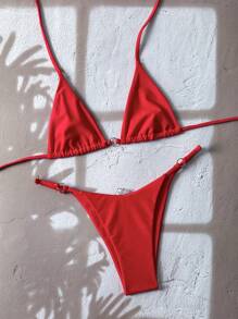 Women's Adjustable Red Bikini Set With Silver Trim - Red - View 1