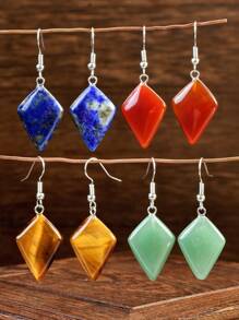 复古菱形天然石耳环、几何石英和虎眼石吊坠耳环（天然石颜色各异） - 彩色 - 查看 6
