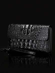 New Retro Men's Crocodile Embossed Clutch Bag, Dual Zipper Design, Large Capacity Handbag With Double Layer For Phone, Card And Cash, Fashionable Business Gift For Christmas (Random Crocodile Pattern) Mini Bag - Black - View 5