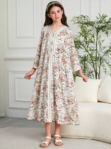 Tween Girls' Arabian Dubai Style Print Loose Long Dress/Robe - Multicolor - View 6