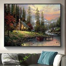 Lake Forest Wooden House Landscape Wall Art - Canvas Poster-1 Pc Wooden Framed Canvas Painting -  Thickness 2.25cm/0.9inch,Valentine's Day Decorations At Home,Valentine's Day,New Year,Home Gift Decoration, Room Decoration Aesthetic, Wall Decoration Art, Perfect Gift, Autumn And Winter Wall Decoration, Living Room Decoration, Bedroom Decoration, Kitchen Decoration, Entry Decoration, Bathroom Decoration, Direct Wall Painting, High Quality Wall Painting Poster ,Easter  Easter Decorations For Women - 彩色 - 查看 3
