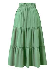 Sage Green Pleated Elastic Waist Vacation Skirt - Sage Green - View 3