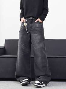 Hearty Haven 1pc Casual Loose Fit Vintage Washed Wide Leg Men's Jeans - Black - View 2