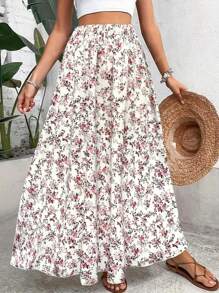 Floral Print Elastic Waist Skirt, Casual A-Line Skirt For Spring & Summer, Women Clothing