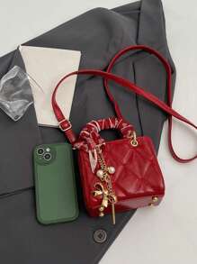 精致迷你优质纹理春夏新款流行甜美丝巾手提包，小众设计钻石网格心形刺绣戴安娜王妃包，时尚斜挎包搭配蝴蝶结吊坠，适合约会、购物和送礼，是女性最佳的母亲节礼物 - 粉色 - 查看 12