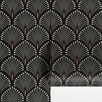 Papel pintado extraíble de estilo art deco inspirado en flores en blanco y negro, papel pintado moderno de deco negro, papel pintado adhesivo para retirar y pegar, 1 rollo de 17.7" x 78.7" / 118.1" para decoración de habitaciones, baños, cocinas, salas de estar y dormitorios