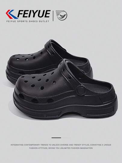 FEIYUE. 1 Pair Women's Black Slip-On Peep Toe Sandals, 2025 Spring/Summer New Thick Sole Versatile Breathable Outdoor Water Hiking Travel Casual Shoes