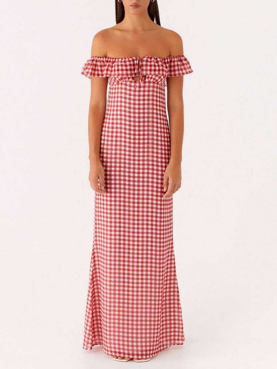 Womens Off The Shoulder Ruffle Party Dresses Beach Maxi Dress Summer Long Bodycon Sundress - Red - View 1