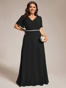 V-Neck Pleated Ruffle Sleeve Chiffon Elegant Maxi Plus Size Bridesmaid Dress - Black - View 4