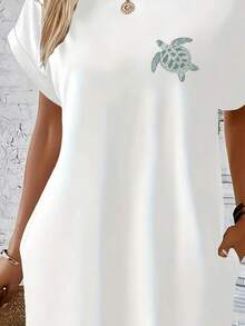 Green Turtle Print, White Short-Sleeved Dress, Casual Dress