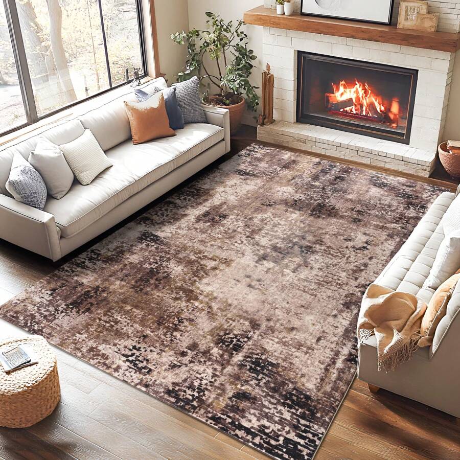 Area Rugs For Bedroom Living Room Kids Room, Modern Abstract Entryway Area Rug Indoor, Boho Vintage Machine Washable Coffee Rug, Low Pile Non Slip Dining Room Study Office Carpet - 棕色 - 查看 1