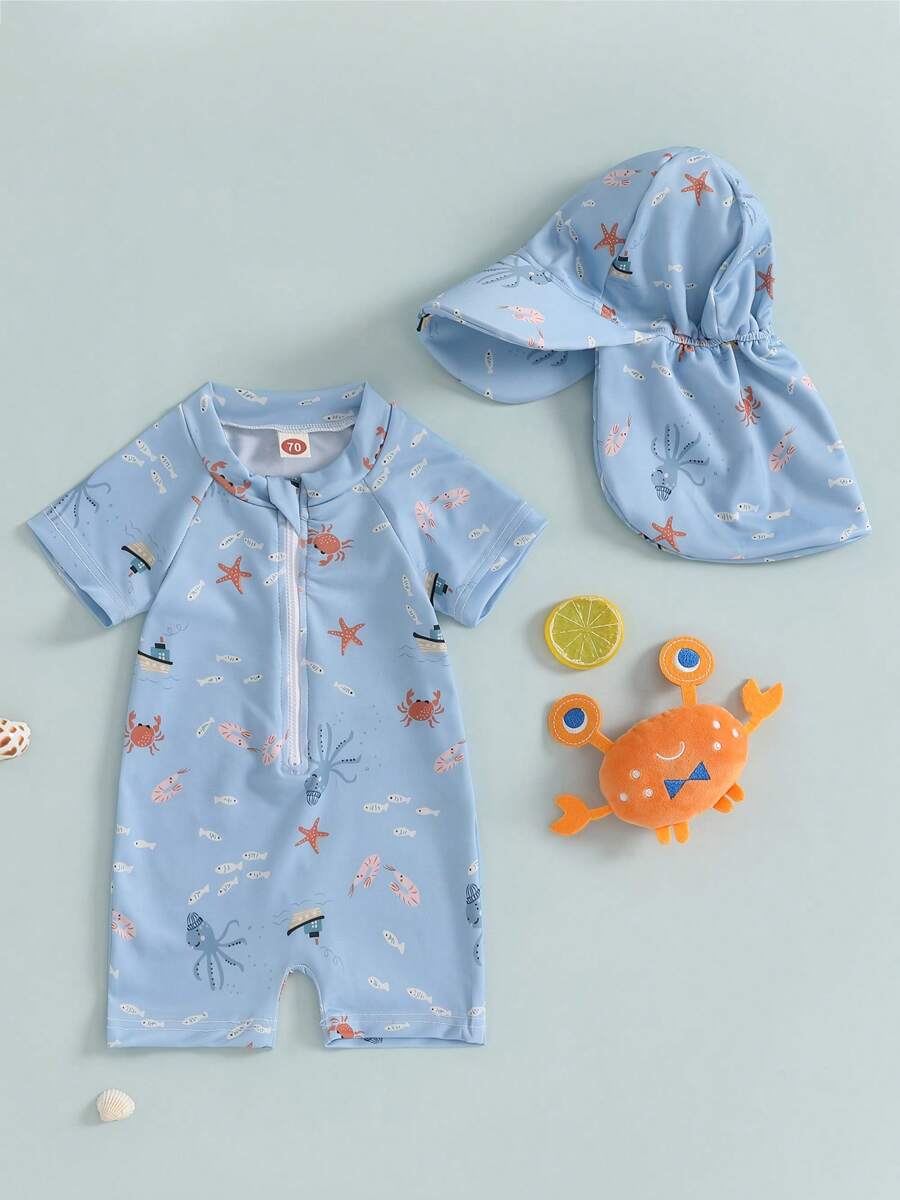 3M-3T Toddler Boys Rash Guard Swimsuit Playsuits Dinosaur/Fish Print Zipper Short Sleeve Sun Protection Bathing Suit With Swim Cap - 藍色 - 查看 1