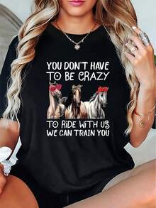 Women's Casual Short Sleeve T-Shirt With Humorous Horse & Slogan Graphic Print, Round Neck, Medium Stretch Fabric, Machine Washable, All-Season Comfort Top For Casual Attire, Ladies T Shirts - 黑色 - 查看 1