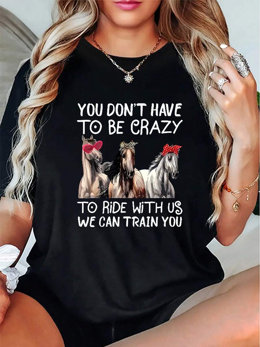 Women's Casual Short Sleeve T-Shirt With Humorous Horse & Slogan Graphic Print, Round Neck, Medium Stretch Fabric, Machine Washable, All-Season Comfort Top For Casual Attire, Ladies T Shirts - 黑色 - 查看 1