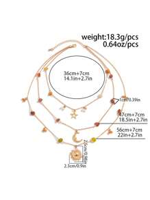 1pc Vintage Multi-Element Metal Moon, Star, Sun Pendant Necklace, Boho Asymmetrical Turquoise & Faux Pearl Beaded Necklace, Suitable For Women Daily & Vacation Decoration (The Size And Color Depth Of The Turquoise Shape Are Random And Subject To The Actual Item)