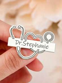 1pc Dancing Bear Customized Engraved Doctor Nurse Name Badge Brooch, Minimalist Stainless Steel Stethoscope Heart Design, Inlaid, Suitable For Daily Wear And Gifting, Applicable For International Nurses Day For Kids - Silver - View 4