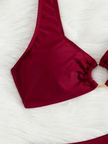 Bộ bikini 2 mảnh nghỉ dưỡng biển spa thanh lịch mới mùa hè 2026 dành cho nữ, thích hợp cho năm mới, ngày Valentine, lễ hội âm nhạc, đồ bơi đơn giản tối giản màu trơn co giãn, kiểu dáng rời, phù hợp cho kỳ nghỉ. - Màu Đỏ Sâu - Xem 6