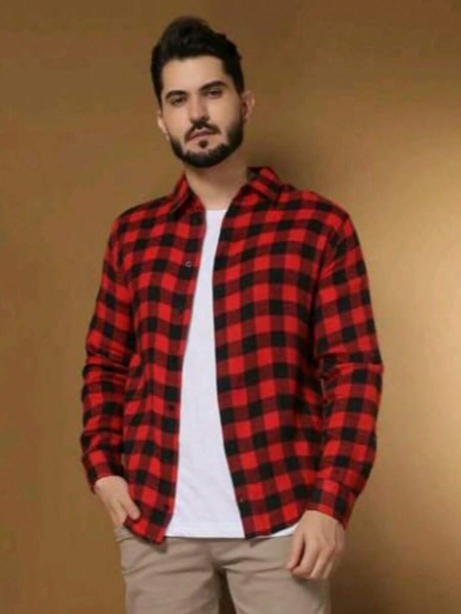 New Men's Plaid Flannel Long Sleeve Dress Shirt - Đỏ - Xem 1