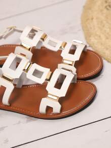 Sandal Datar Modis Wanita Musim Semi/Panas Bentuk Persegi Panjang dengan Hiasan Gesper, Sandal Pantai Kasual Wanita, Sandal Gladiator - Putih - View 7
