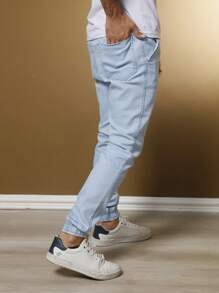 Men's Jogger Pants Twill With Elastic Waist Cuffs - 淺藍色 - 查看 4