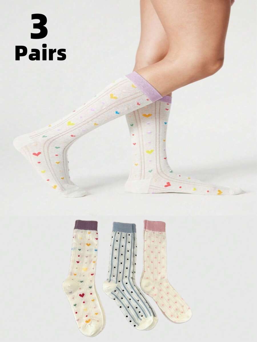 3 双心形和波尔卡圆点印花女士中筒休闲袜 - 彩色 - 查看 1