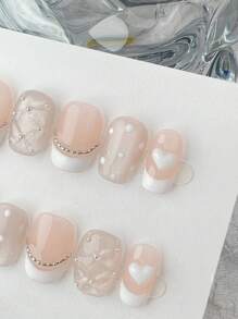 10pcs/Set Square Short Press-On Nails, Creamy Small French Press-On Nail Stickers With Pearlescent Embossed Texture, Heart Rhinestone Nails Gem Nail Accessories Removable DIY Gel Nail Set For Thanksgiving Holidays, Parties, Daily Wear Nail Art Supplies