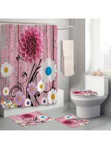 1 Stück / 4 Stücke farbenfrohe abstrakte Blumen Kunstwerke Multifunktions Badezimmer wasserdichter Duschvorhang mit 12 Haken, rutschfeste Badmatte, U-förmige Toilettenvorlage und runde Toilettendeckelabdeckung, Badezimmer Set für alle Szenarien Schulanfang