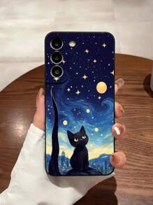 1 szt. Minimalistyczny, perforowany wzór z motywem kota w gwiaździste niebo, czarny, miękki futerał na telefon, kompatybilny z /Redmi/OPPO/Honor, wodoodporny, odporny na wstrząsy, odporny na upadki i zarysowania