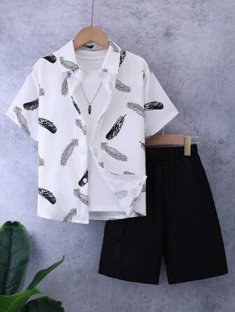 2 件套青少年男孩休闲纯色羽毛印花 Polo 领衬衫和纯色短裤套装，夏季