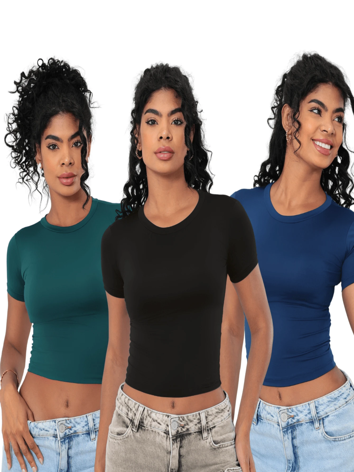 Moderna & Slim Kit 3: Women's Baby Tee: Slim Fit Short Sleeve Blouse - 1 黑色和 1 綠寶石色 1 海軍藍 - 查看 1