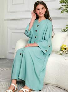 Tween Girl Arabic Retro Style Long Button Down Abaya Dress - Green - View 1