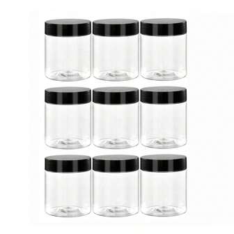 9pcs Plastic Containers With Black Lids, 5cm Diameter Empty Jars, Transparent PET, Suitable For Kitchen Storage, Paint, Spice, Candy, Beans, Dried Flowers, Face Mask Bottles, Sample Cosmetics, Accessories, Holiday Gifts