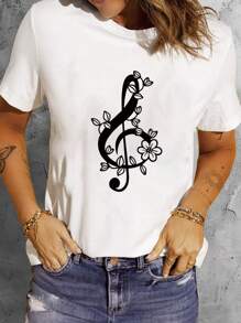 Women's Musical Notes Printed T-Shirt Summer Short Sleeve Casual T-Shirt Funny Women's White Round Neck Top, Western Women's Outfits, Mom Gift, Music Festival
