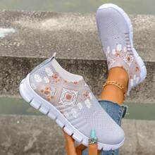 New Women Knitted Sneakers, Soft Sole Mesh Breathable Anti-Odor Lightweight Low-Top Casual Athletic Shoes, Fashionable Hollow-Out Design - Grey - View 5