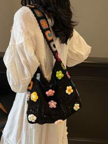 Dedoo Retro Hollow-Out Floral Contrast Color Casual Crossbody Bag(The Color Position Of Flowers Is Random)(The Color/Pattern Of Shoulder Strap Is Random)