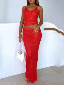 Two Piece Skirt Set For Women - Sexy 2 Pc Bright Silk Skirt Set Sleeveless Spaghetti Strap Scoop Neck Tank Top Bodycon Maxi Long Skirts Sets - Red - View 1