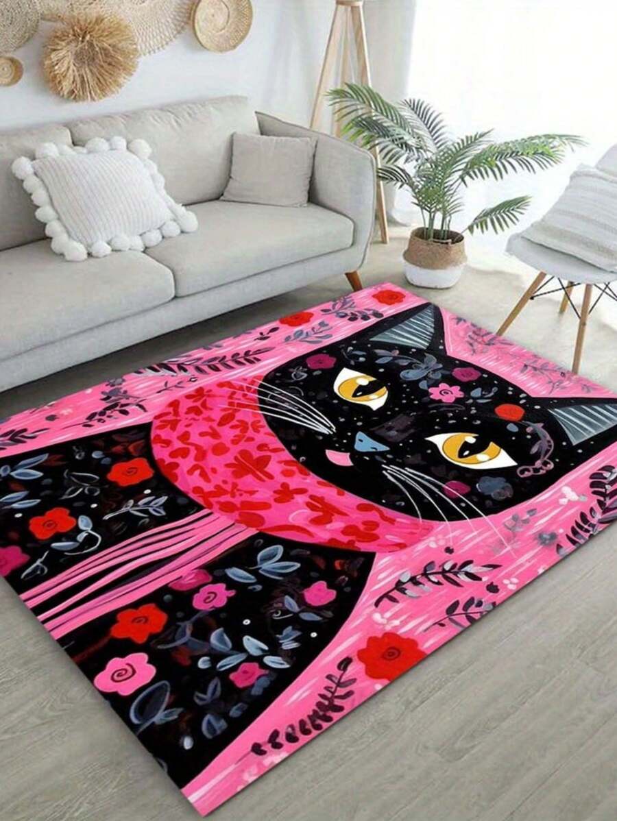 天鹅绒水晶地毯为您的客厅或卧室增添温暖和时尚感,可爱的猫咪设计为您的空间带来活力,防滑涤纶地毯 - 矩形客厅垫,耐用的刨花板椅子卧室地毯,大尺寸可选,客厅地毯 - 彩色 - 查看 1