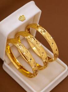 1/3/6 Pcs Sandy-Gold Exquisite Hand-Carved Stars And Waves Beautifully Plated 24k Gold 10mm Wide Bracelet Suitable For Women, Excluding Box - Gold - View 2