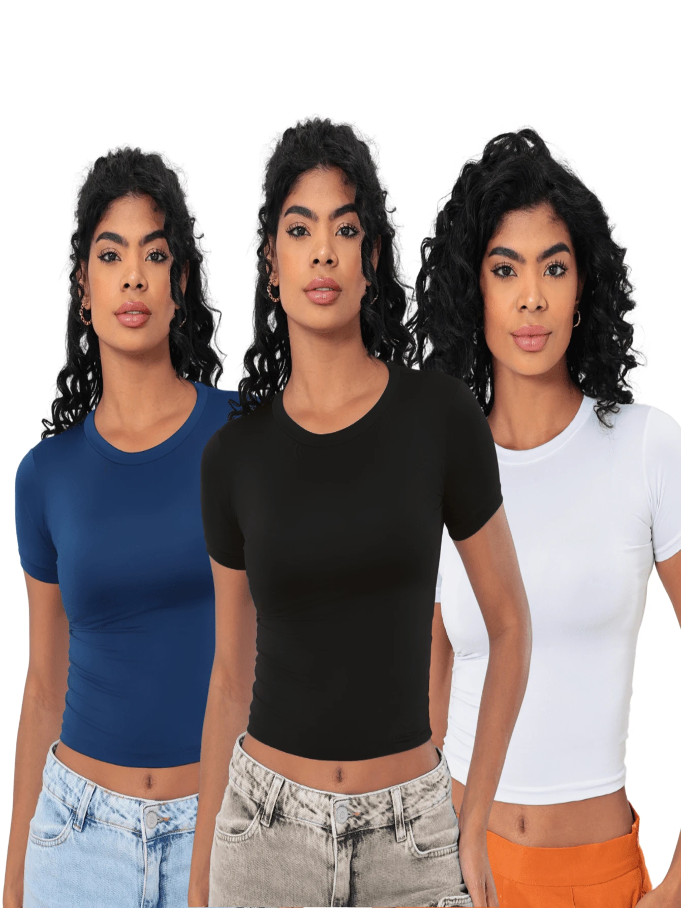 Moderna & Slim Kit 3: Women's Baby Tee: Slim Fit Short Sleeve Blouse - 1 Black and 1 Petroleum 1 White - View 1