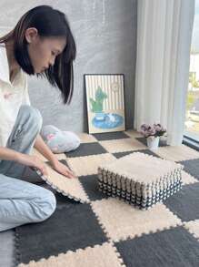 12pcs/Set (6 Mint Green + 6 White) Plush Patchwork Floor Mat, 12*12*0.39 Inches Small Size Carpet, Peel & Stick Rug, Bedroom Decor, Home Decorative Rug, Bedroom Rug, Decorative Carpet, Bedroom Carpet, Room Carpet, Living Room Carpet Set, Game Room Mat, EVA Bottom & Linen Top Rectangular Trimmable & Washable, Suitable For Daily Home Scenarios