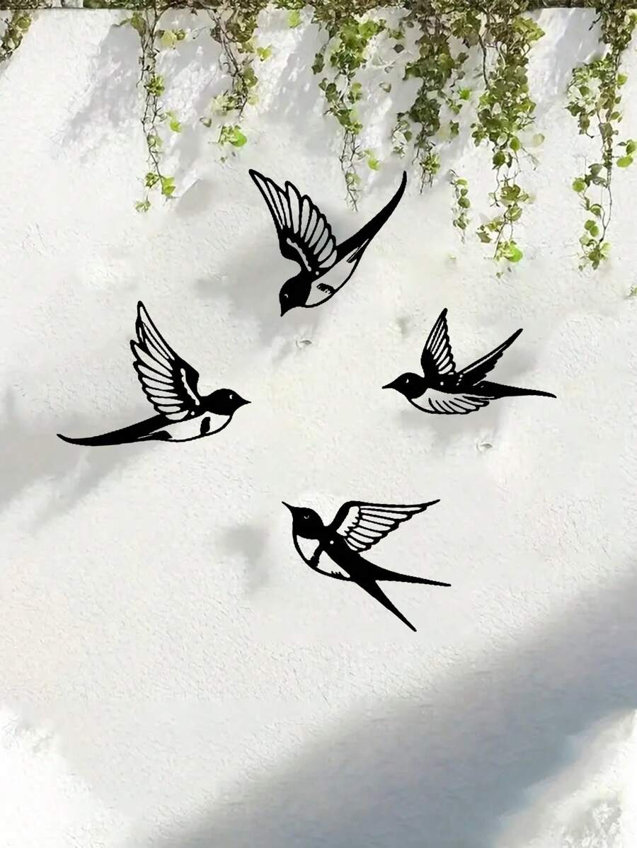 4 件鸟形金属墙饰，金属剪影燕子墙饰，适用于卧室、客厅、厨房、户外花园围栏装饰，金属墙饰，铁艺工艺品