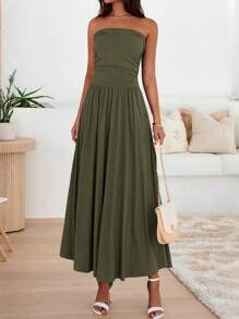 Women Summer Strapless Dress Sleeveless Tube Dress Ruched Flowy Side Pocket Bandeau Maxi Dress Casual Spring Vacation Holiday Beach Cocktail Wedding Guest Midi Dresses Outfits - 軍綠色 - 查看 6