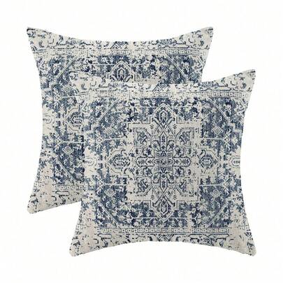 1pc Bohemian Style Pillow Case, Pattern Design Decorative Cushion Cover, Blue Carpet Linen Farmhouse Sofa Couch Outdoor Pillowcase, 45x45cm (No Pillow Insert)