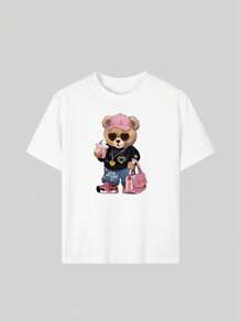 Valentine's Day Casual Printed Round Neck Short Sleeve T-Shirt, Tote Bag And Teddy Bear Pattern Inspire Imagination And Self-Expression, Summer Student And Children Clothing - White - View 7