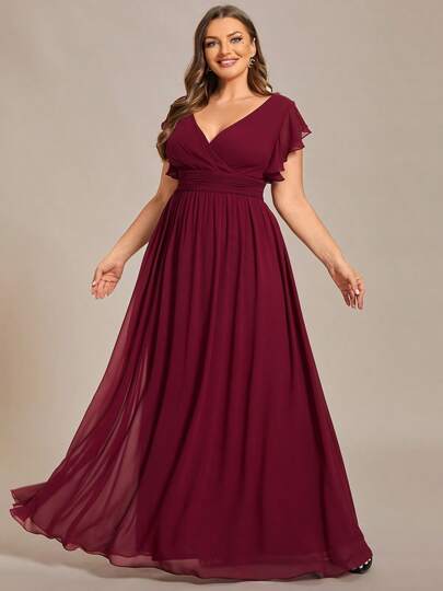 Plus Size Bridesmaid Dress Cap Sleeve Ruched V Neck Plain Backless High Waist Pleated Asymmetrical Skirt Chiffon Burgundy Red Bridesmaid Dress For Wedding Party Dresses Mother Of Bride Dress For Wedding