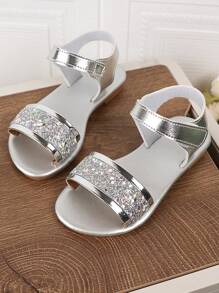 1 双银色大码幼儿女童平底凉鞋，彩色亮片，可调节钩环带，圆头，防滑，时尚优雅风格，适合 3-15 岁女孩，日常休闲、派对、度假，2025 年春夏 - 銀色 - 查看 1