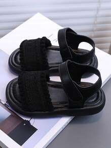 1 Pair Minimalist Solid Color Flat Sandals For Girls, Summer Children - Black - View 3