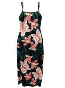 Plus Size Summer Vacation Floral & Plant Print Maxi Slip Dress Elegant Party - Multicolor - View 4